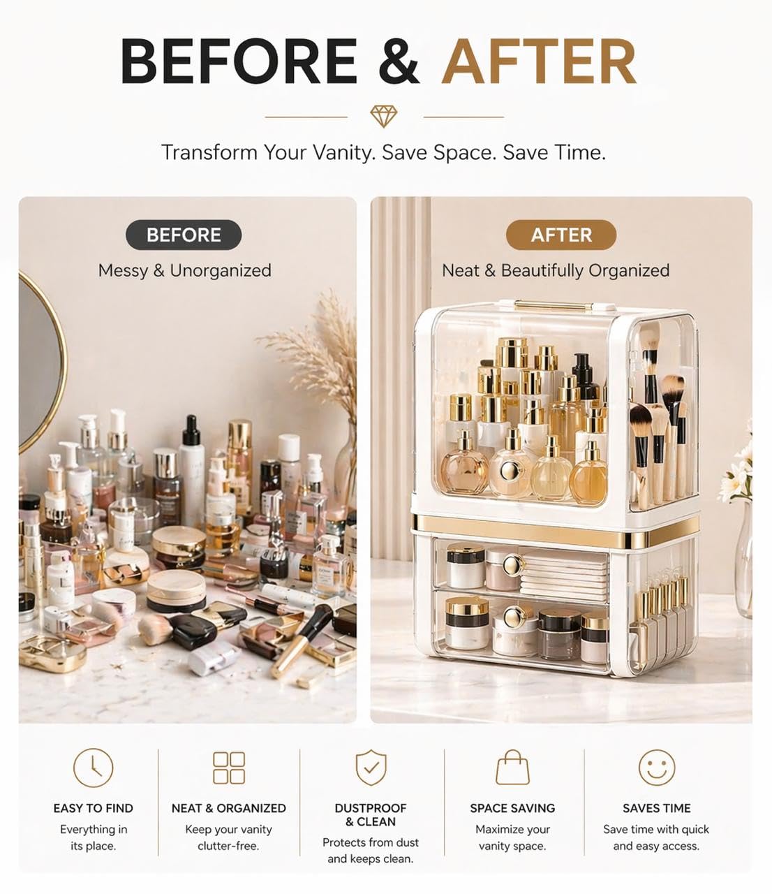 Makeup Organizer with Drawers, Large Acrylic Dustproof Cosmetic Storage Box with Lid, 2-Layer Vanity Organizer for Skincare, Perfume & Bathroom Countertop (28.5 × 20 × 38 cm)
