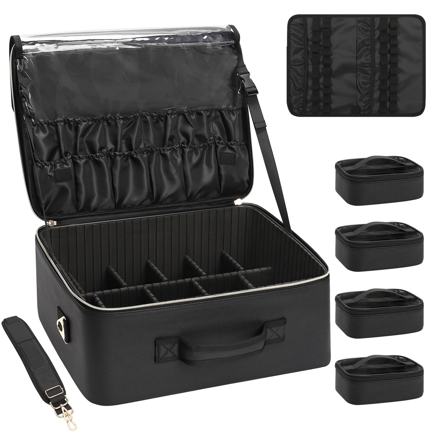 Relavel Extra Large Makeup Case Professional Cosmetic Storage Organizer Box Brush Holder with 4 Clear Set Bags for Makeup Artists with Shoulder Strap & Adjustable Dividers, Leather Black
