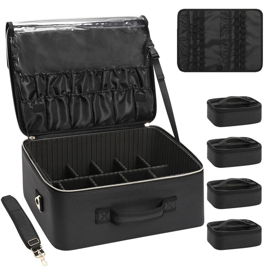 Relavel Extra Large Makeup Case Professional Cosmetic Storage Organizer Box Brush Holder with 4 Clear Set Bags for Makeup Artists with Shoulder Strap & Adjustable Dividers, Leather Black