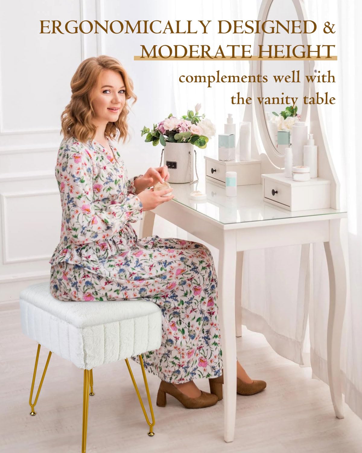 Tavovostar Vanity Stool with Storage, Faux Fur Makeup Stool with Metal Legs, Multifunctional Furry Footrest Ottoman Chair for Living Room Bedroom,White