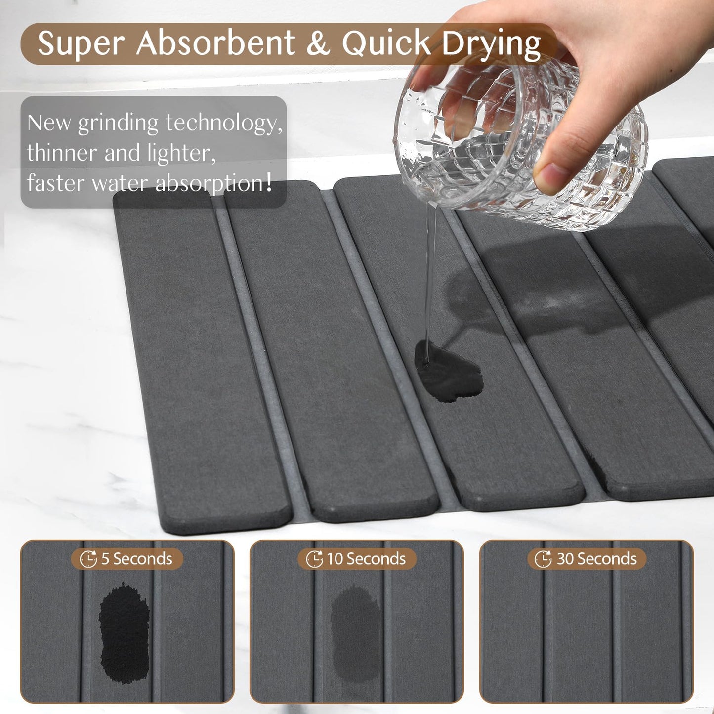 Large Stone Dish Drying Mat for Kitchen Counter, Thin & Light Quick Dry Stone Bath Mat, Foldable Water Absorbing Diatomite Drying Pad for Kitchen Bathroom Sink Countertop (Pure Gray 24"×16" & 8"x4")