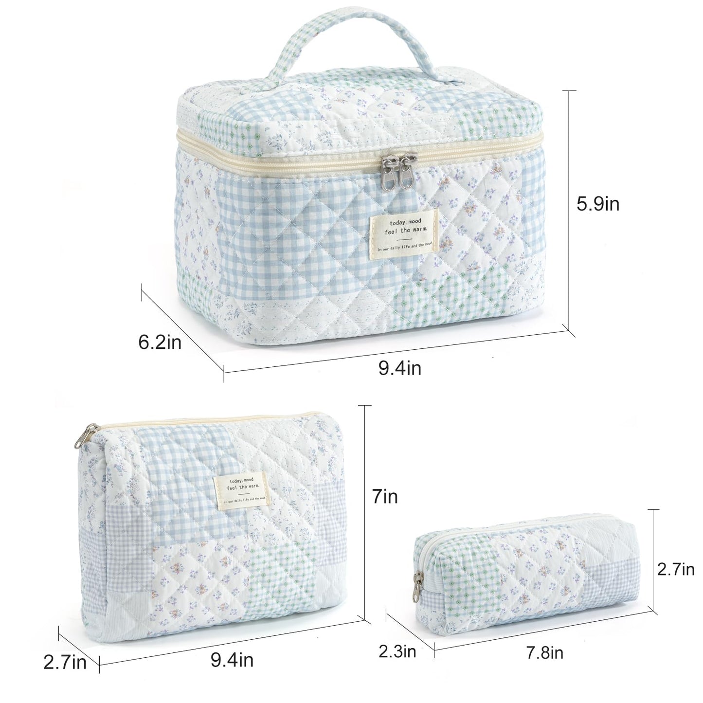 UUYUUY Makeup Bag for Women 3PCS Quilted Cotton Make Up Bag Travel Cosmetic Bag Large Makeup Bag Set Cute Makeups Organizer Floral Toiletry Pouch for Purse, Shabby Chic Blue
