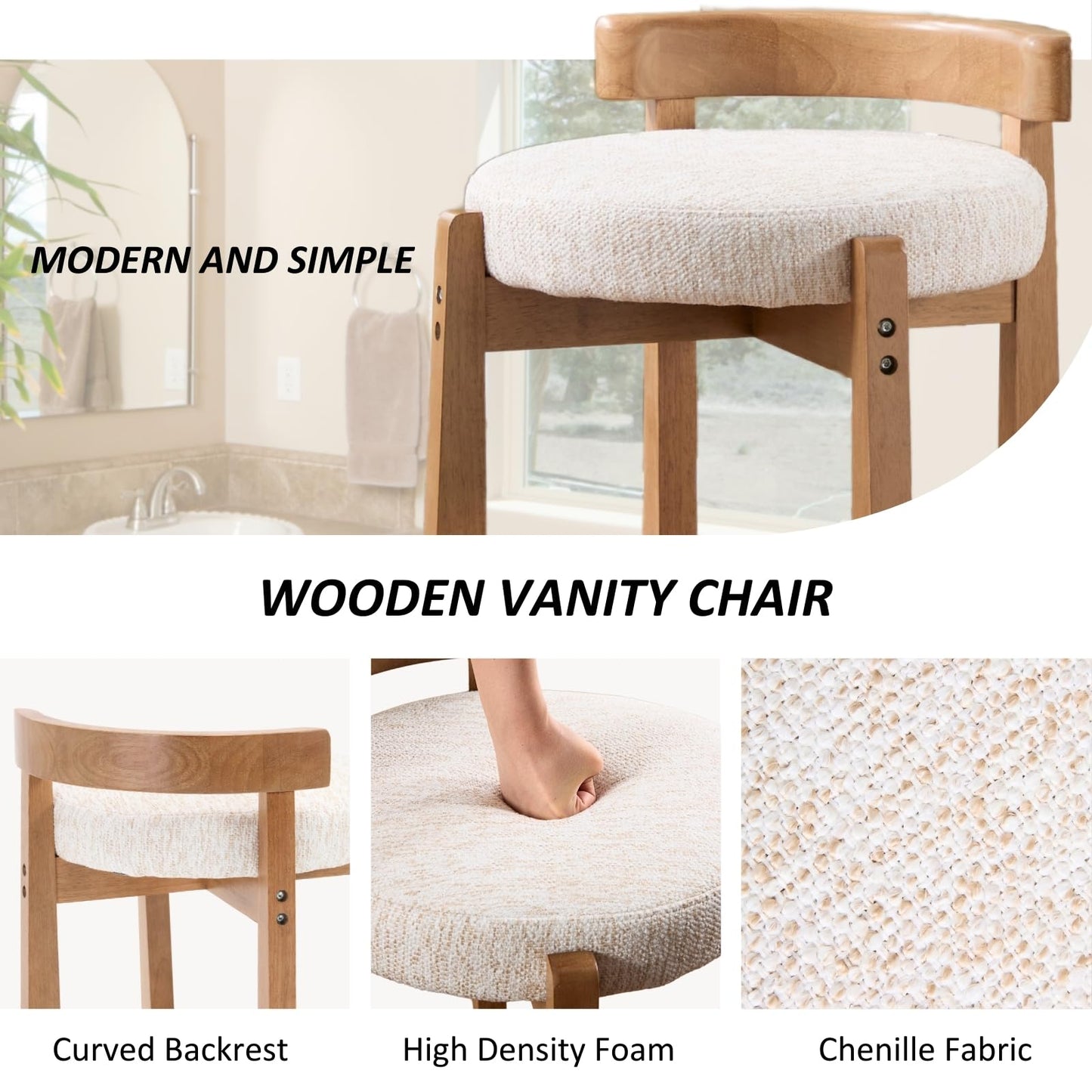 HEAH-YO Wood Vanity Chair with Back, Chenille Upholstered Small Ottoman Footstool, Mid-Century Modern Makeup Chair with Solid Wood Legs for Makeup Room Bedroom Living Room, Beige