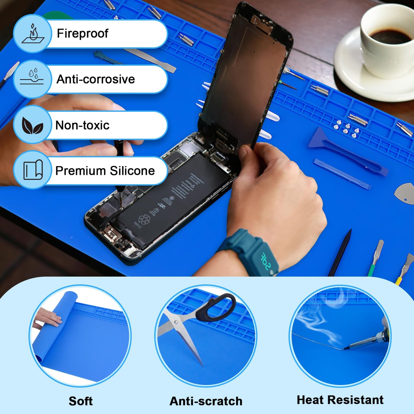27.6'' x 15.7'' Extra Large Soldering Mat with ESD Wrist Strap and Grounding Accessories 932°F Heat Resistant Silicone Repair Mat Oversized Work Mat for Electronics Cellphone Laptop Repair (Blue)