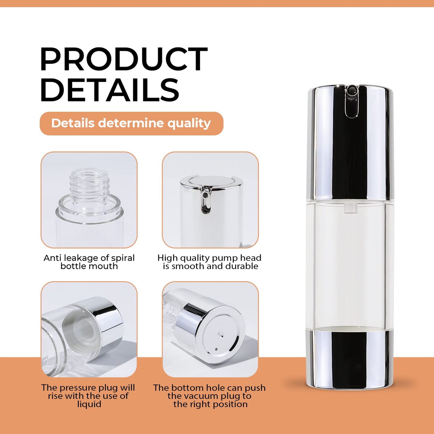 longway Silver Airless Cosmetic Cream Pump Bottle Travel Size Dispenser Refillable Containers（1oz/30ml,pack of 6