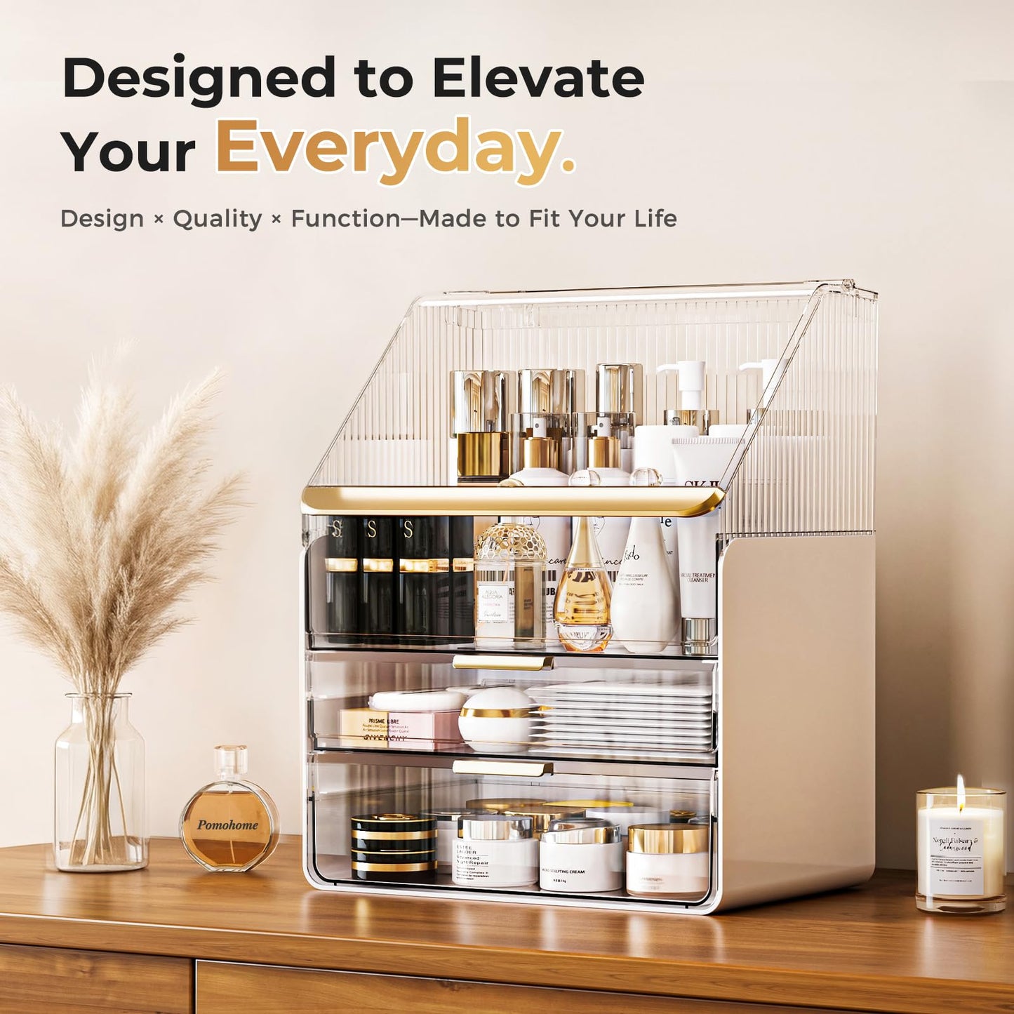 3-Tier Bathroom Countertop Makeup Organizer - Big Make Up Storage with Slide-Out Tray & Bottom Drawer, Transparent Acrylic for Cosmetics Brushes Lipsticks Skincare