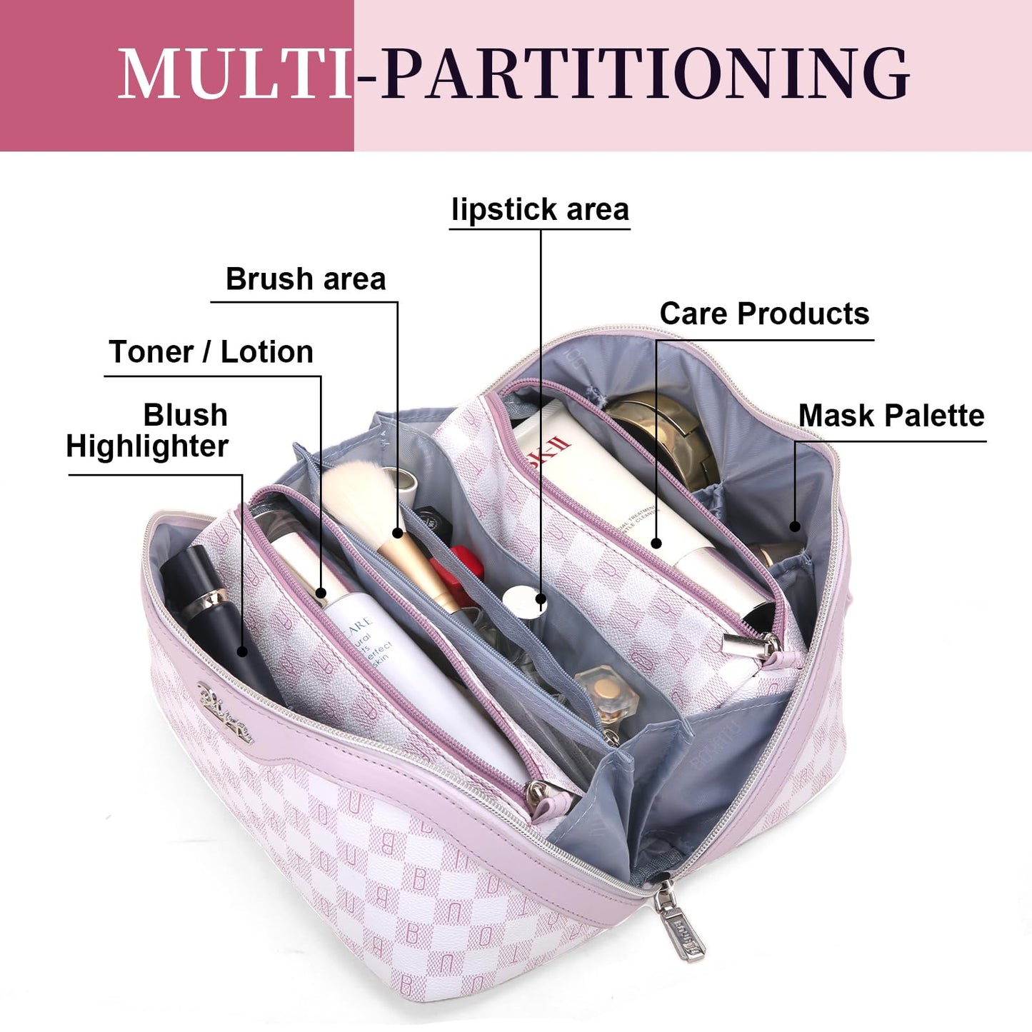 BOYATU Travel Makeup Bag Organizer Cosmetic Bag: 3 Pcs Set Make up Bags for Women with Handle - Waterproof Vegan Leather Toiletry Bags Travel Essentials Pouch with Compartments (H-05-Pink)