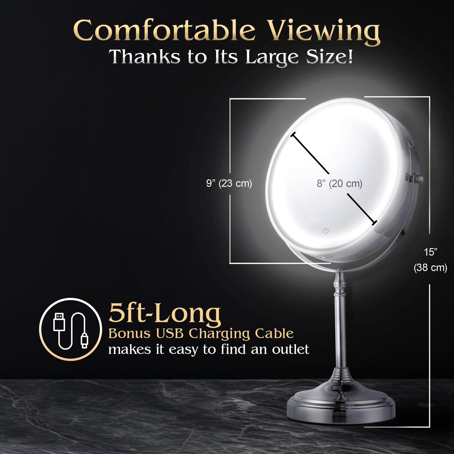 Ultra Zoom 20X Magnifying Lighted Table Mirror for Makeup - 20X & 1X Dual Sided LED Make-up Mirror with 3 Light Modes, Rechargeable Battery with USB Cable - 8" Wide & 15" Tall (Chrome)