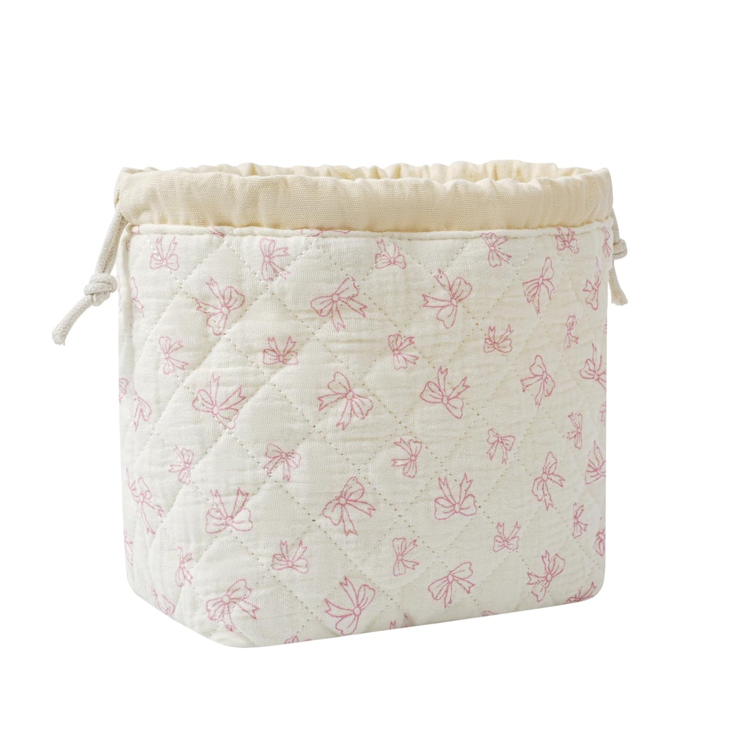 Cotton Quilted Drawstring Makeup Bag with Canvas Lining,Coquette Aesthetic Cute Travel Toiletry Bag,Drawstring Gift Bag for Women and Girls（12White Small Bow）