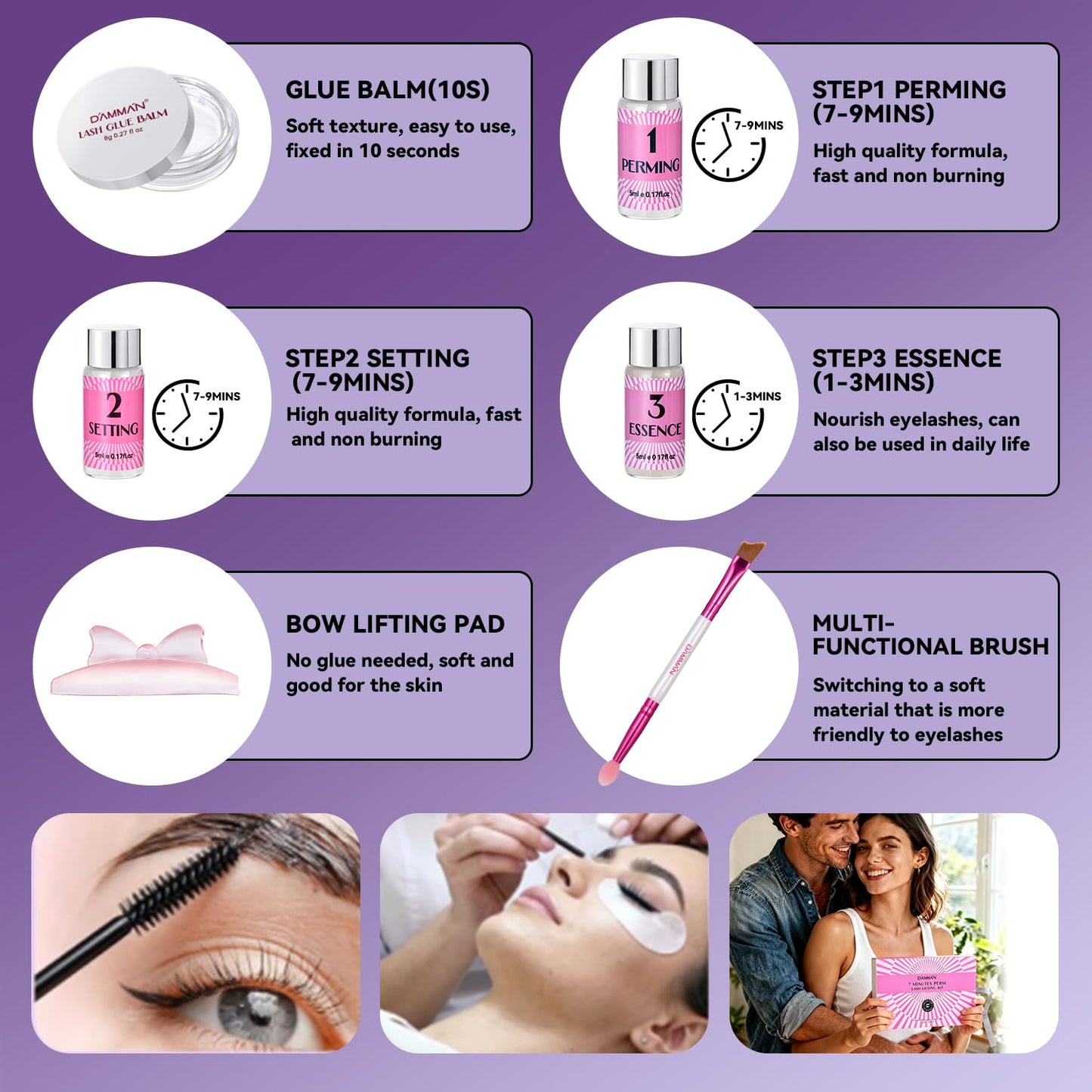 DAMMAN Lash Lifting Kit for Salon & Home Use, 7-9 Mins Professional Eyelash Perm Kit, Long Lasting 6-8 Weeks, Low Odor & Low Irritation, Natural Look Semi-Permanent Eyelash Lamination Kit
