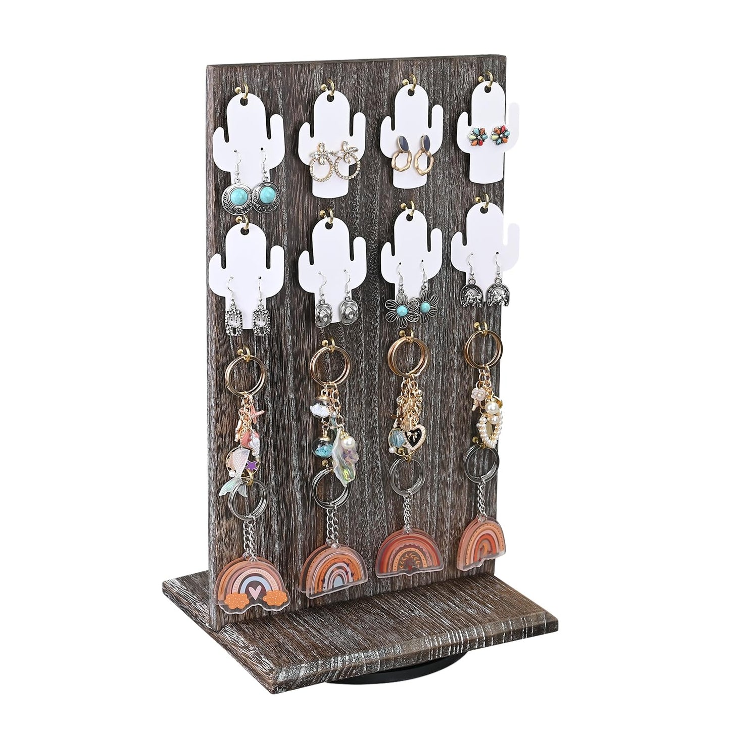 Ikee Design Wooden Rotating Two-Sided Jewelry Display Stand, Rotating Organizer with 32 Hooks for Store, Keychain Earring Display with Hooks, Coffee color, 9 W x 7.5 D x 16.5 H in