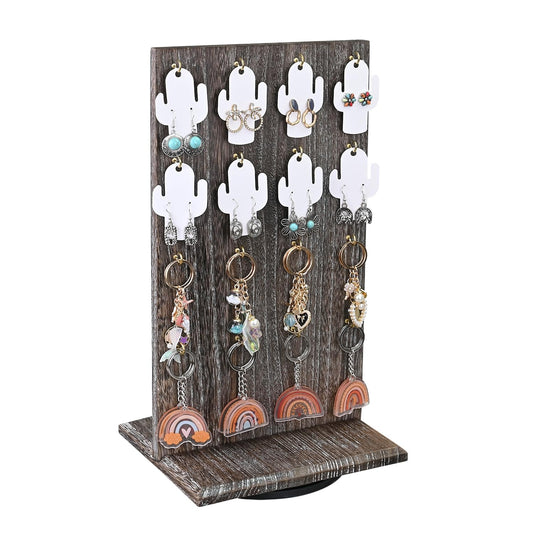 Ikee Design Wooden Rotating Two-Sided Jewelry Display Stand, Rotating Organizer with 32 Hooks for Store, Keychain Earring Display with Hooks, Coffee color, 9 W x 7.5 D x 16.5 H in