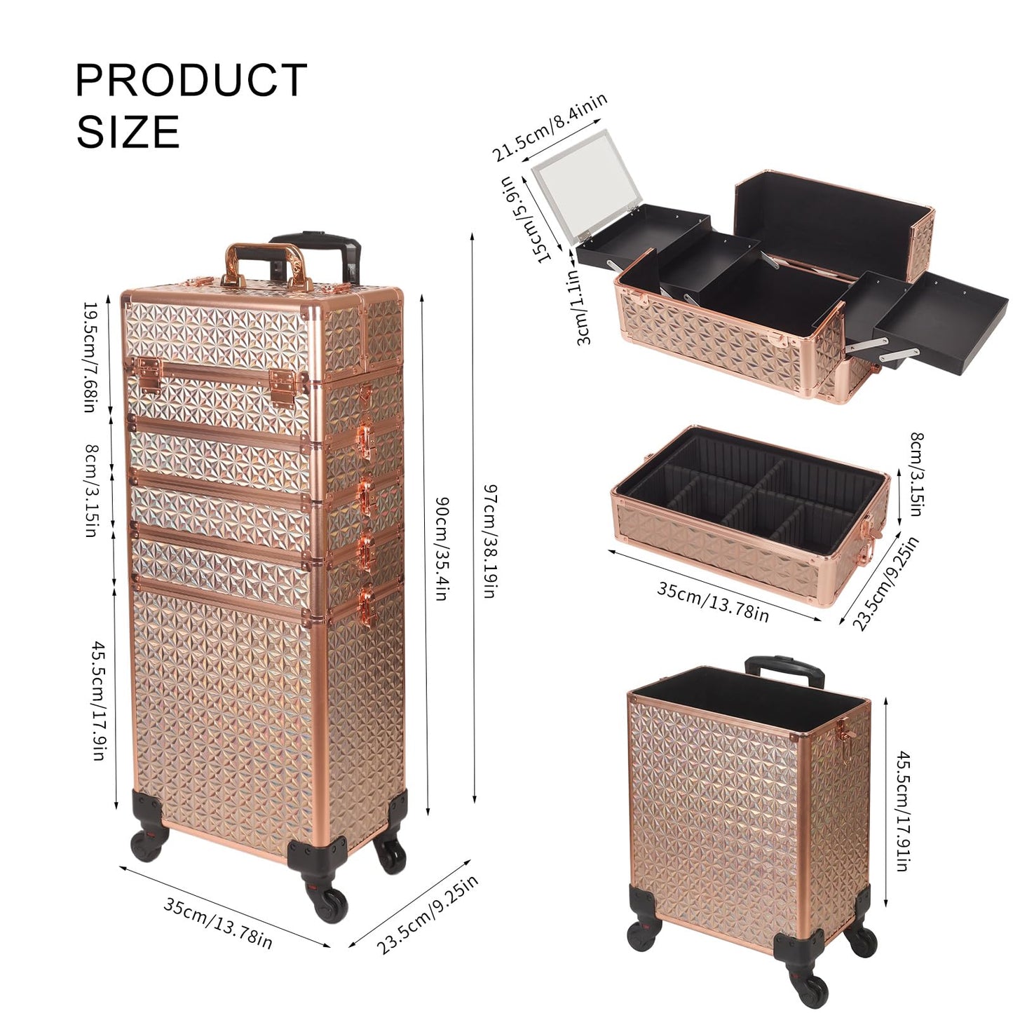 Yujesyde Rolling Makeup Train Case 6 in 1 with Mirror & Lock, Professional Makeup Travel Case, Large Cosmetic Organizer for Cosmetologists & Nails, Bonus 4 Replacement Wheels (6, Gold Holographic)
