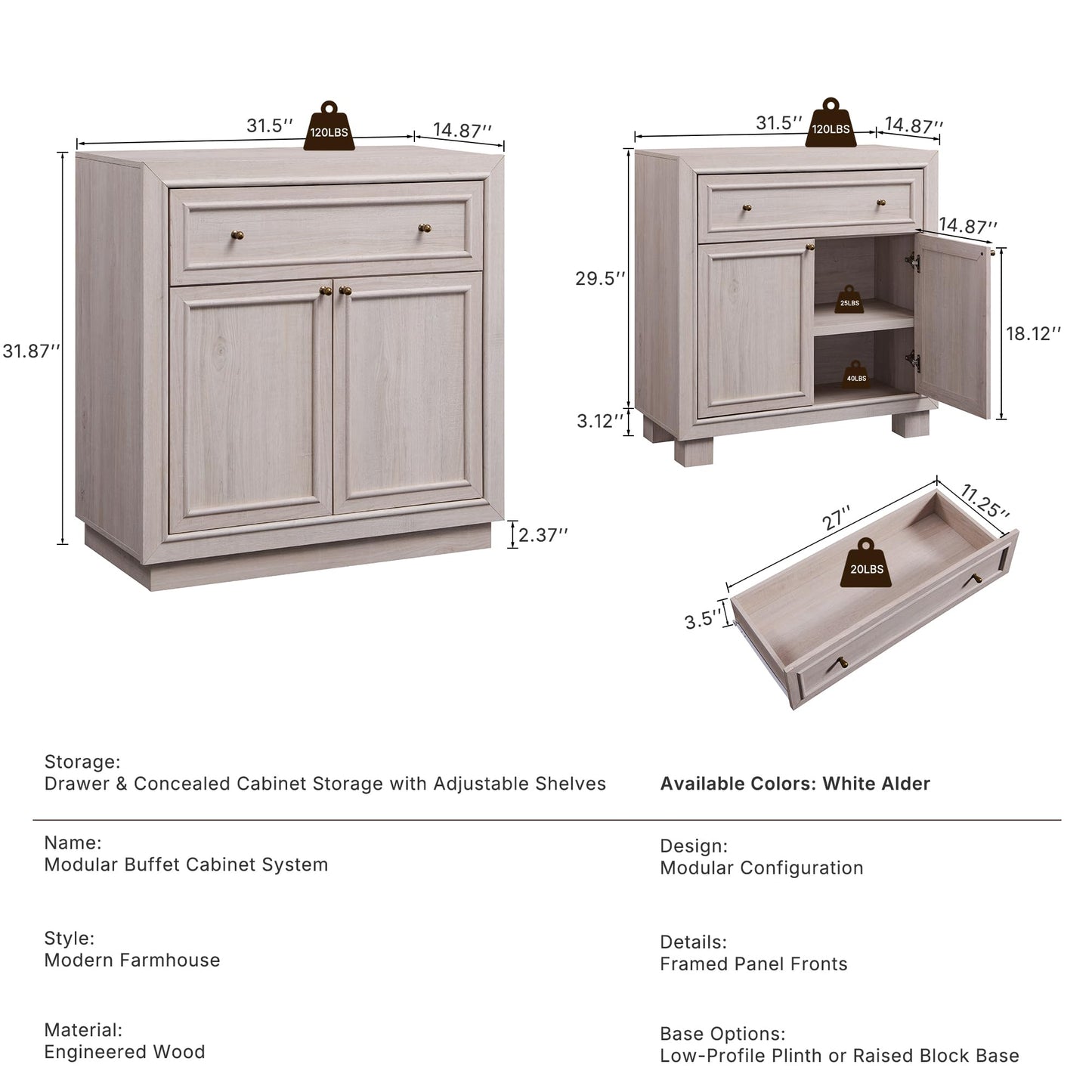 ACCOHOHO Modern Farmhouse Buffet Cabinet, 126" Sideboard Credenza, Modular Storage Cabinet with Framed Panel Fronts, Adjustable Shelves & Dual Base Design, White Alder