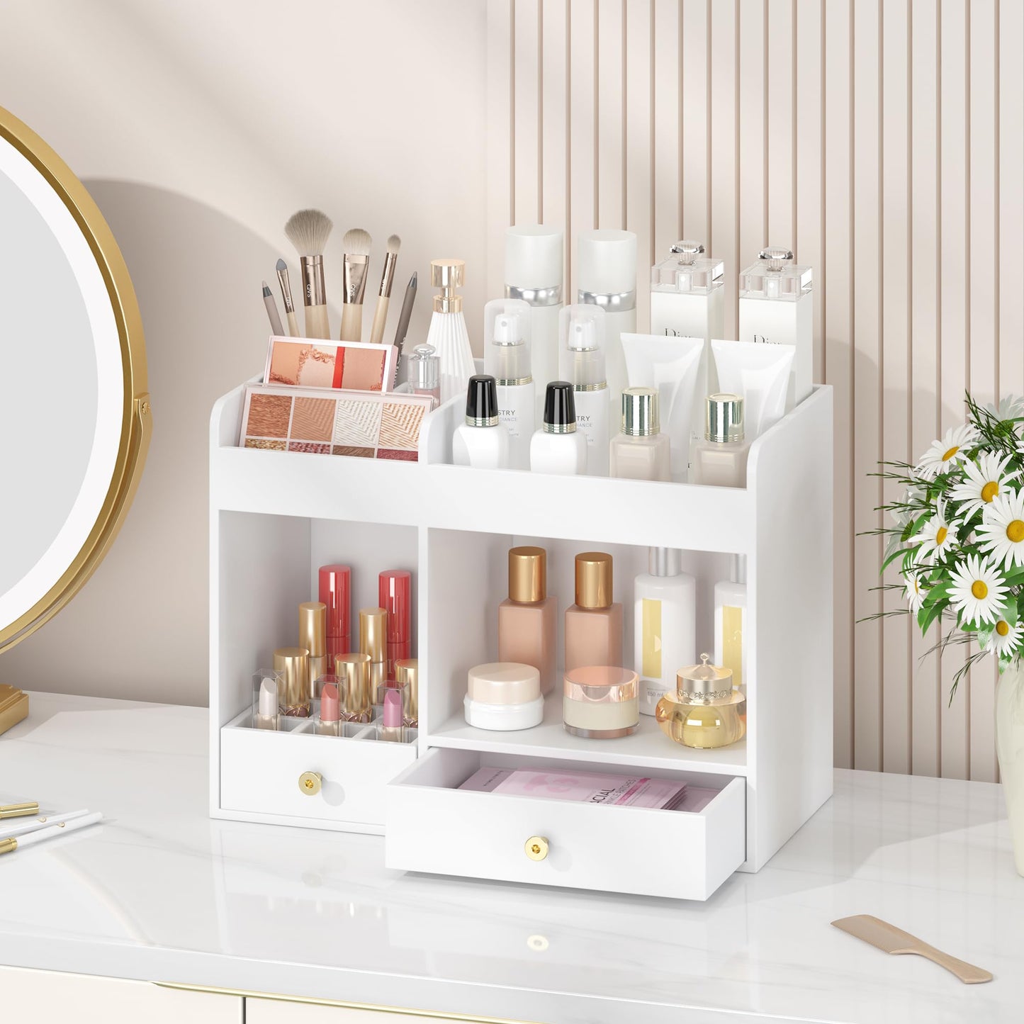 Wisuce Essentials Large Makeup Organizer with Drawers, Bamboo Countertop Cosmetic Storage for Dresser Vanity Organizer Beauty Desk Skincare Holders Container Make Up Organizing for Lipstick