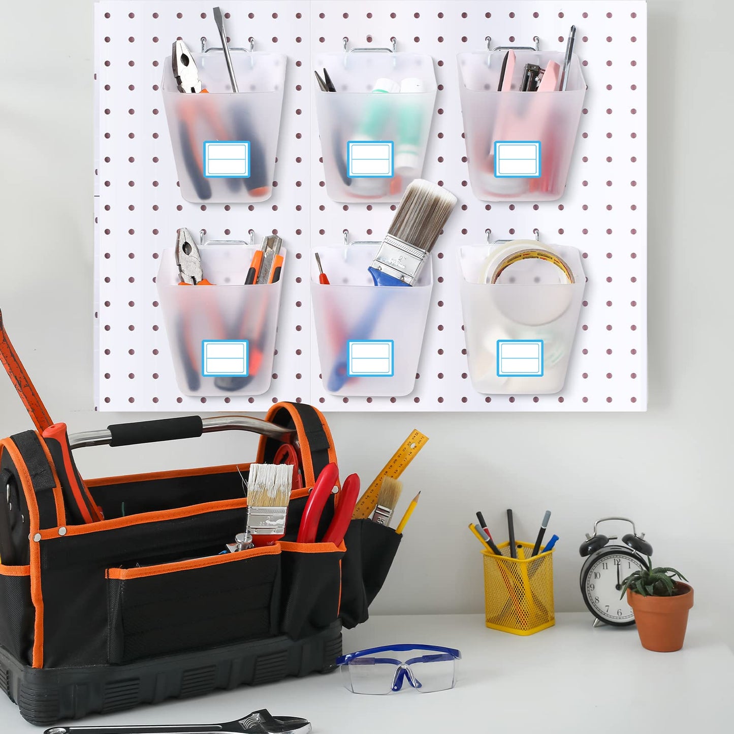 Namalu 12 Pack Pegboard Storage Bins with Labels and Hooks Bulk Peg Board Organizer Accessories Hanging Cup Organizer Pegboard Cup Holder(Transparent)