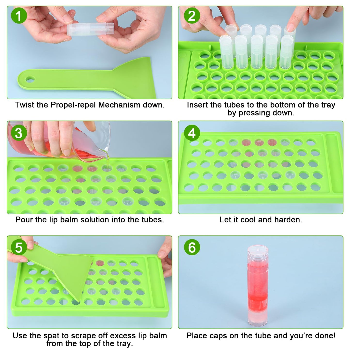 Giloaou 120Pcs Lip Balm Tubes with 50-Hole Filling Tray & Spatula, 5ml Empty Lipstick Tube Containers, BPA-Free DIY Kit for Homemade Cosmetics (Clear Tubes, Green Tray)