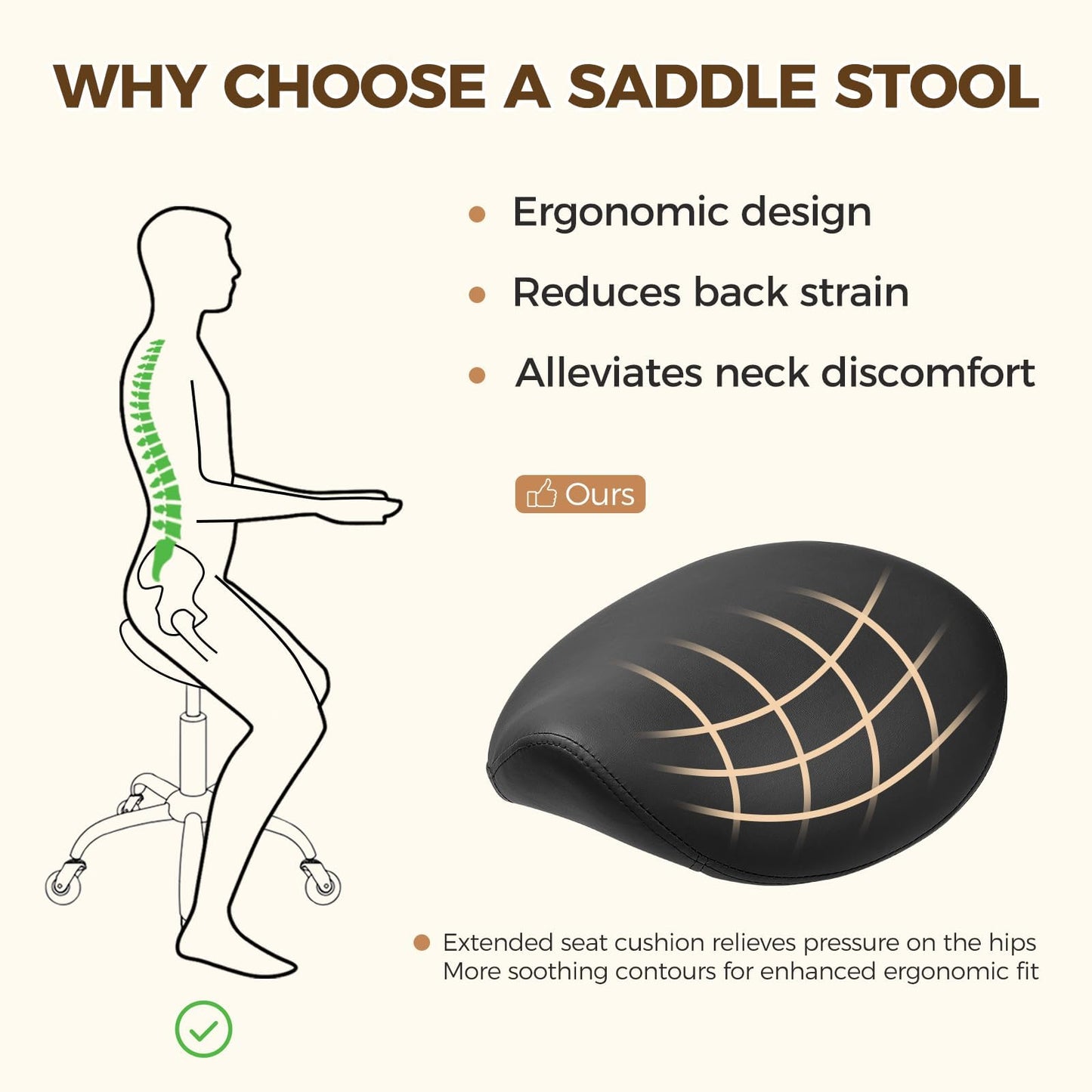 BEWISHOME Ergonomic Saddle Stool, Height-Adjustable Rolling 360° Swivel Saddle Chair with Thickened Saddle Seat Padding, Saddle Stool with Wheels for Salons, Spas, Office, Black BMD02B