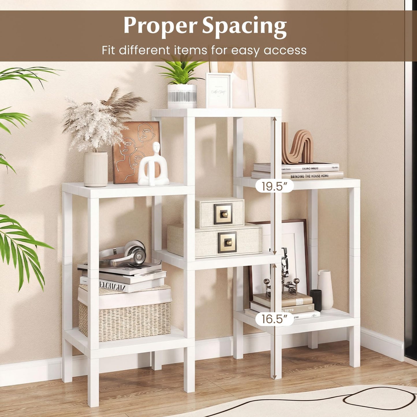 Giantex 6-Tier Plastic Modular Storage Shelves, Open Display Utility Shelving Unit, Multifunctional Plant Holder, Freestanding Storage Rack Organizer for Living Room, Bathroom and Kitchen (White)