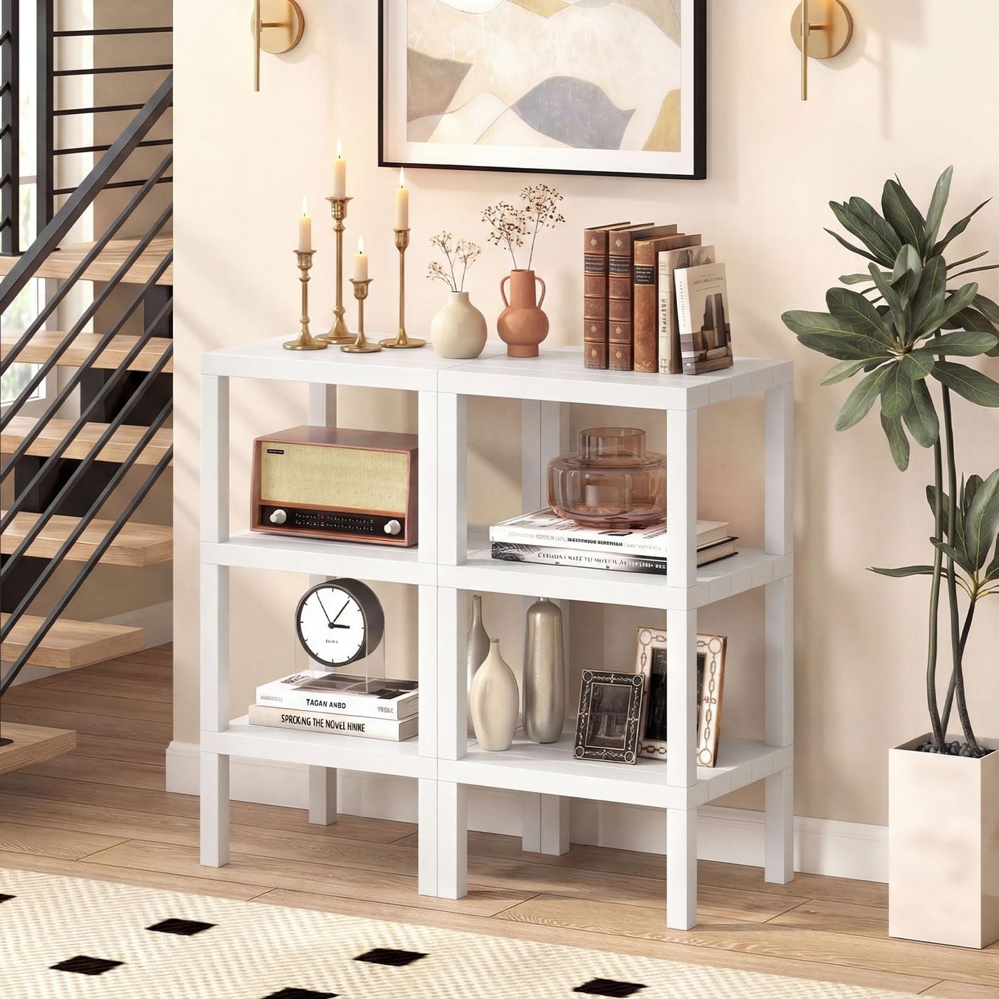 Giantex 6-Tier Plastic Modular Storage Shelves, Open Display Utility Shelving Unit, Multifunctional Plant Holder, Freestanding Storage Rack Organizer for Living Room, Bathroom and Kitchen (White)