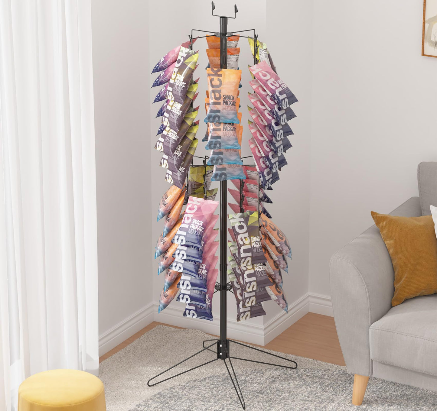 tonchean Rotating Retail Display Stand Racks 108 Clips, Spinning Potato Chip Snack Rack Display Stand with Sign Holder, 2 Tier Snack Shelf Organizer, Chip Bag Holder Snack Display Rack for Party