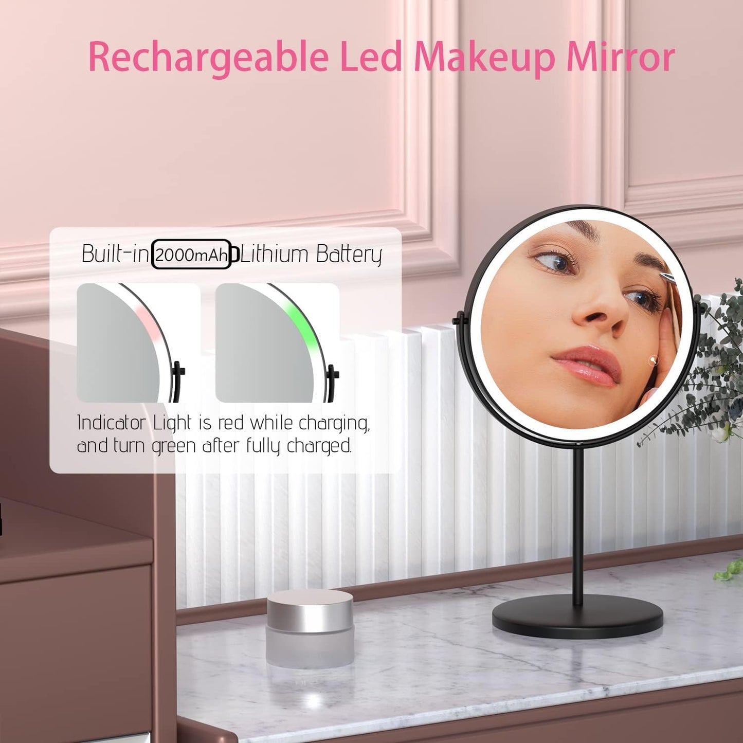 WIZCHARK 8” Lighted Makeup Mirror, 1X 10X Magnifying Mirror with Light, Double Sided Vanity Mirror with Lights, 3 Color LED Dimmable 2000mAh Rechargeable Black