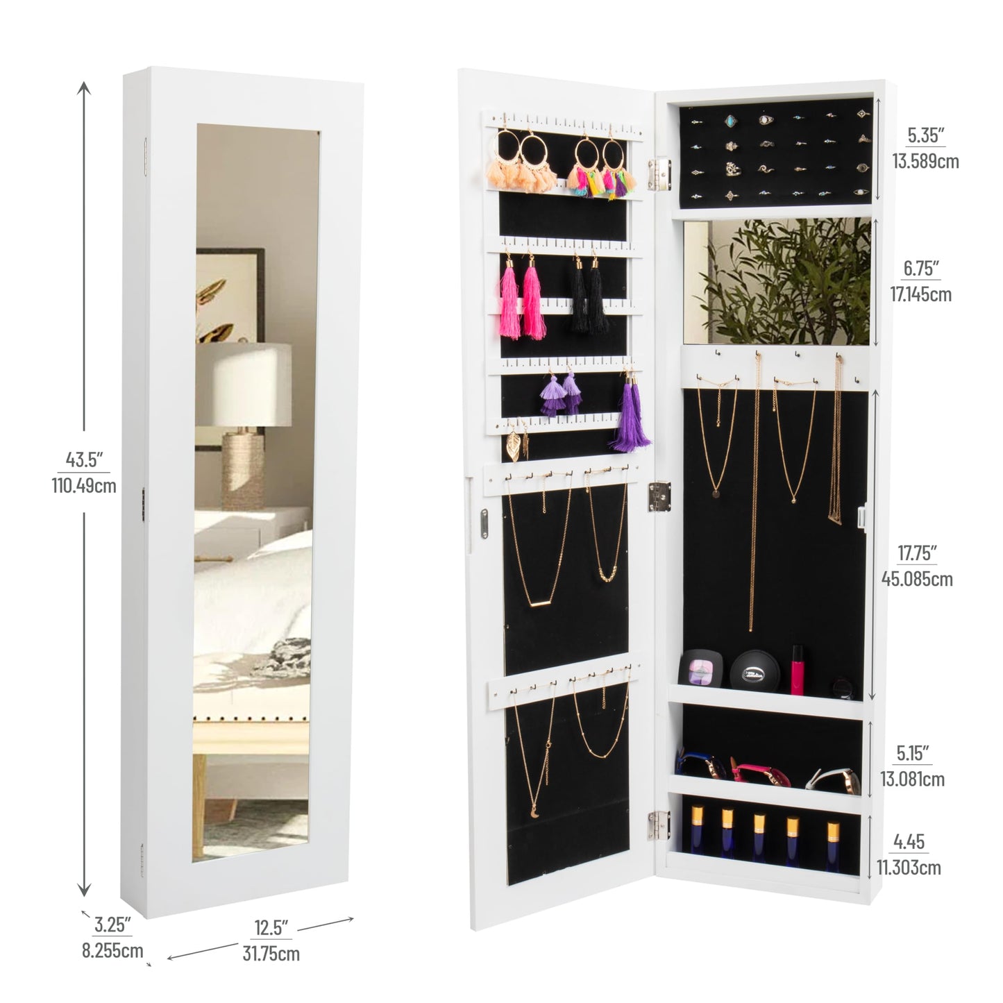 Mind Reader Jewelry Organizer, Full Length Mirror, Jewelry Armoire, Storage, Wall Mount, Wood, 12.5"L x 3.5"W x 43.5"H, White