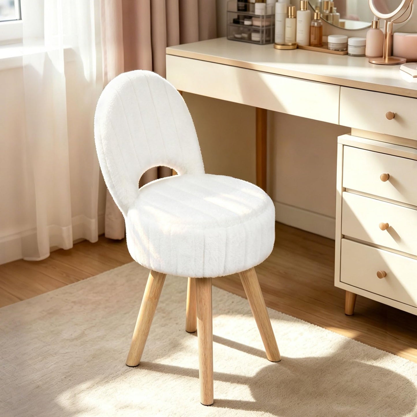 KANEODOT Vanity Stool with Storage & Folding Back,11.8“ D x 12.9” W x 27.9" H Round Faux Fur Cute Vanity Chair with 4 Solid Wood Legs,Comfy Small Makeup Ottoman for Living Room,Bedroom,Closet,White