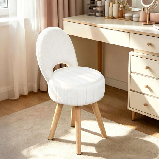 KANEODOT Vanity Stool with Storage & Folding Back,11.8“ D x 12.9” W x 27.9" H Round Faux Fur Cute Vanity Chair with 4 Solid Wood Legs,Comfy Small Makeup Ottoman for Living Room,Bedroom,Closet,White