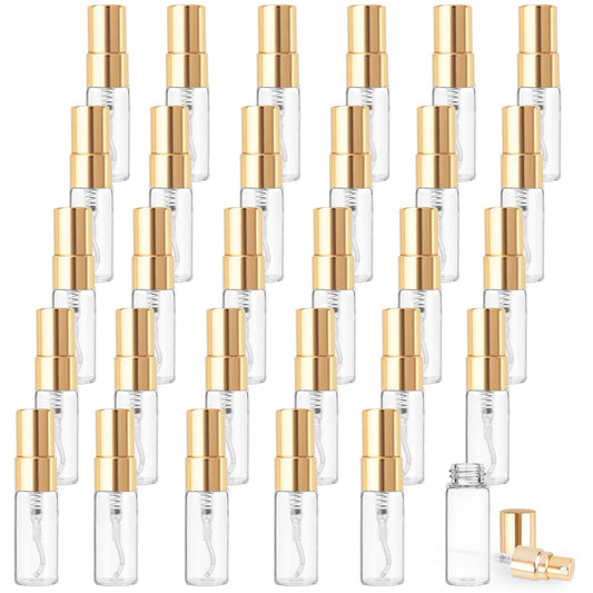Cositina 30 Pack 3ml Fine Mist Atomizer Glass Bottle Mini Clear Spray Vials Empty Refillable Perfume Bottles with Gold Lids for Fragrance Scent Liquid Sample DIY Sprays