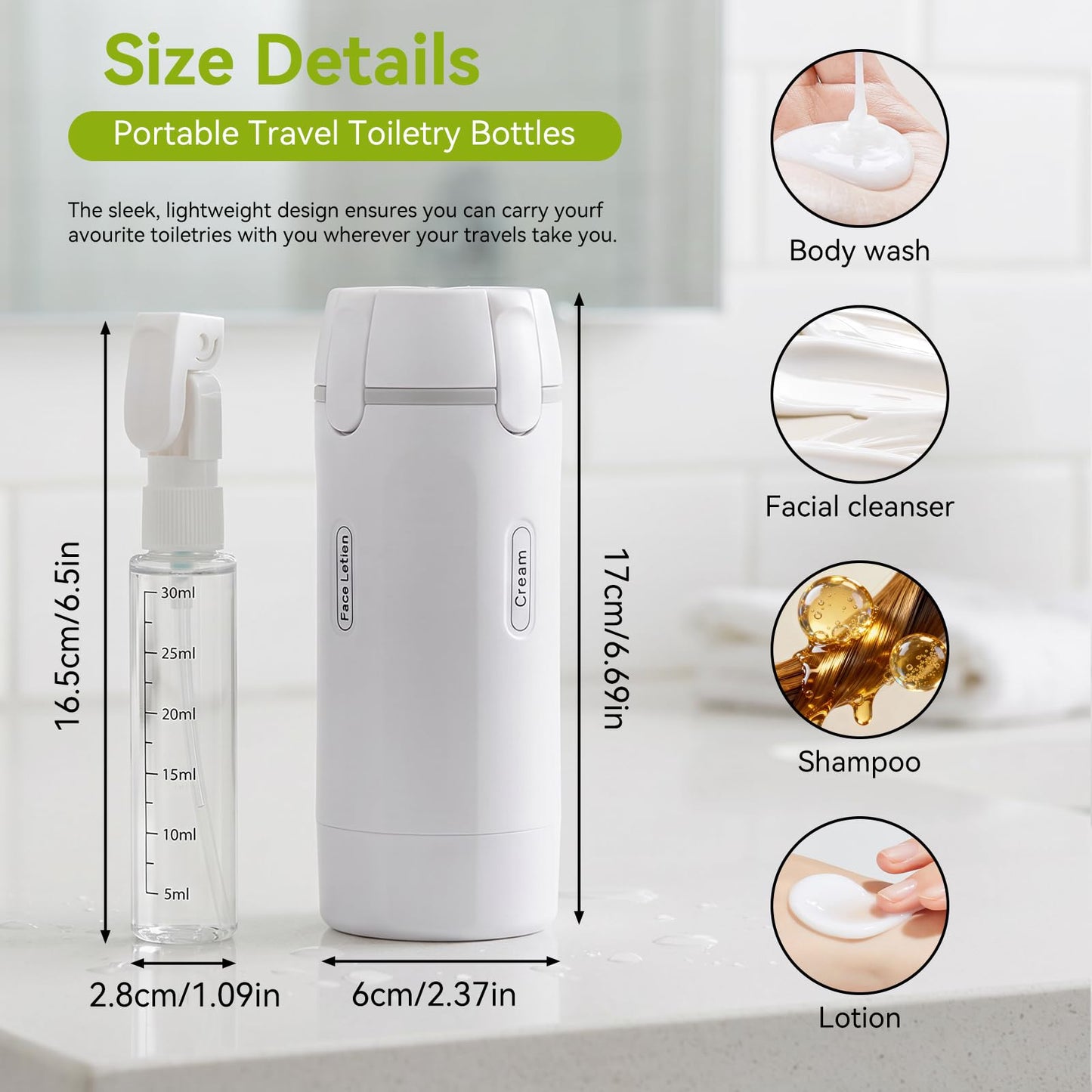 4 in 1 Travel Dispenser Bottle, 4 Pack 30ML Pump Bottle for Toiletries Leak Proof Travel Size Containers, Portable Containers for Shampoo Lotion Conditioner Cream (White)