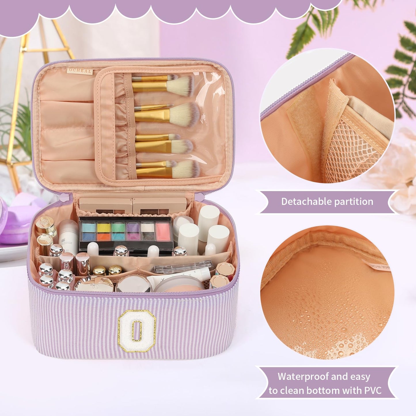 OCHEAL Makeup Bag for Women, Monogram Cosmetic Bag Purple Travel Makeup Case Beauty Toiletry Bag Organizer Personalized Gifts for Girls Bridesmaid, Sister, Wife, Friends Initial O