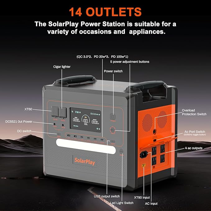 SolarPlay Portable Power Station 2500W(Peak 5000W), 2304Wh Solar Generator with 400W Panel 1.5Hrs Fast Charging LFP Battery4 AC Outlets Emergency Power Station for Home Camping Outdoor Battery Backup