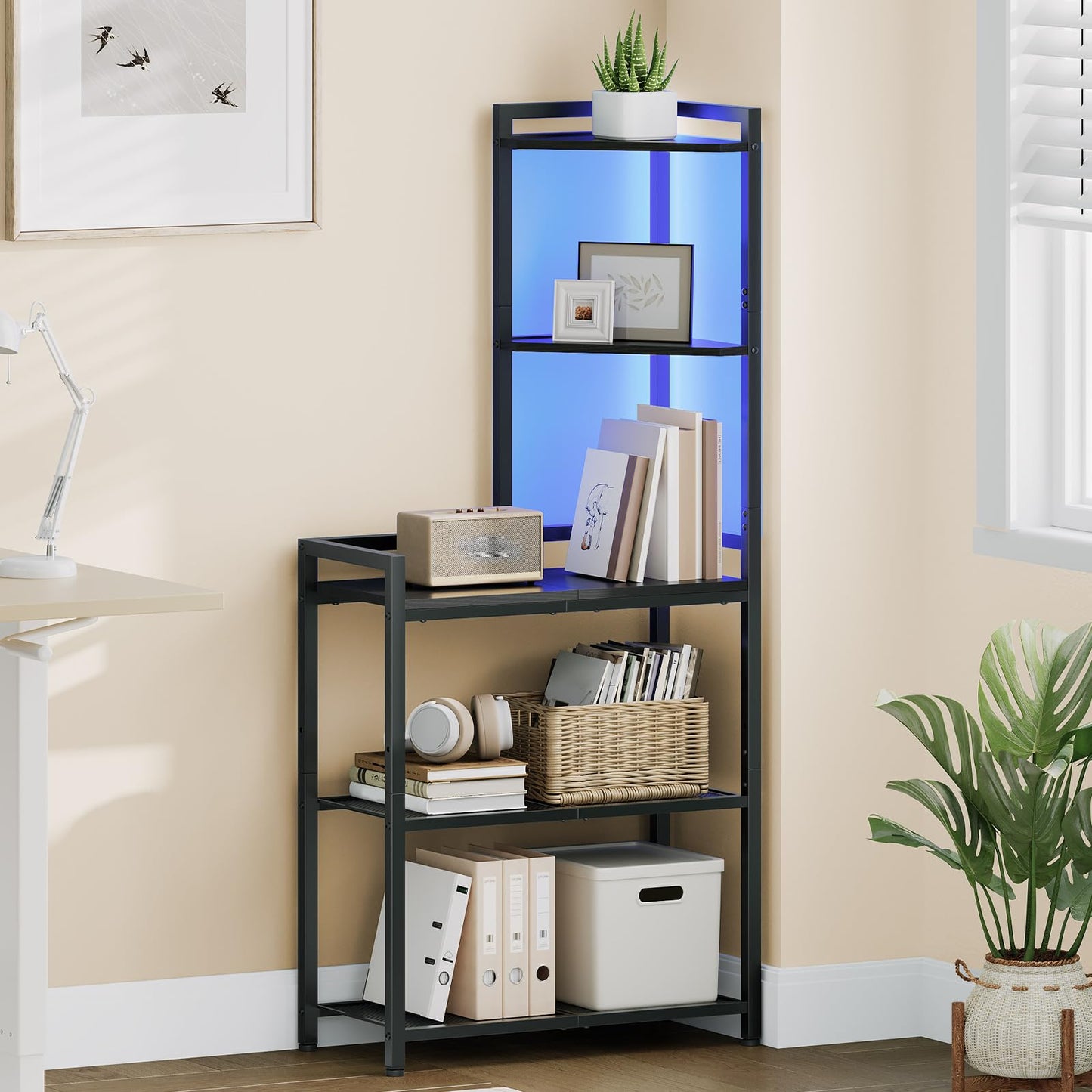 HOOBRO 5-Tier Corner Shelf Stand, Corner Shelf with LED Light, 56.3" Tall Corner Bookshelf, Display Rack Storage Organizer with Table, for Small Spaces, Living Room, Entryway, Black BB69DCJ01