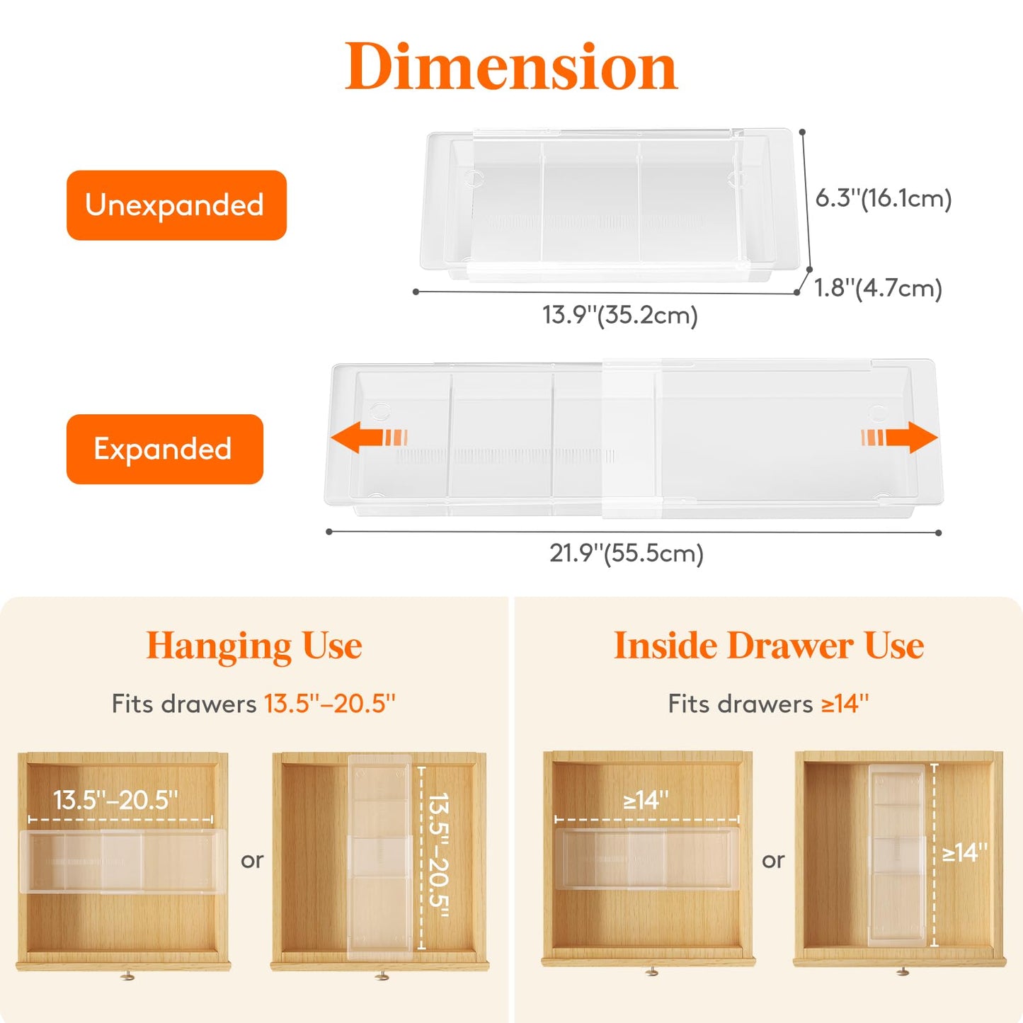 Lifewit Sliding Makeup Drawer Organizer, Fits 13-20" Deep Drawers, Extendable Hanging Divider, 1.8" High Plastic Tray for Vanity, Office, Kitchen, White,1Pcs
