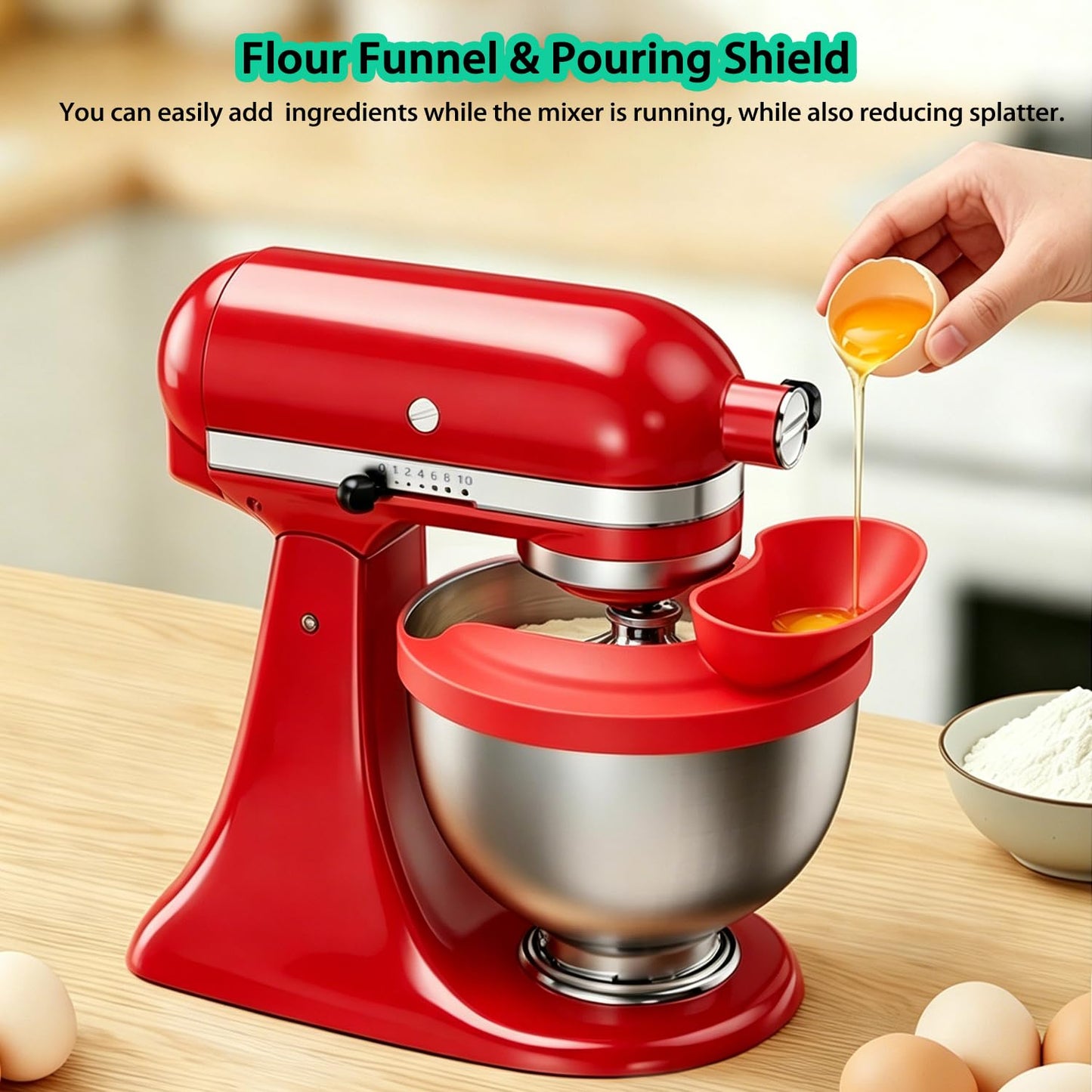 Flour Funnel with Pouring Shield for KitchenAid 4.5-6QT Mixer, Silicone Splash Guard with Flour Funnel for Kitchen Aid Mixer Tilt-Head and Bowl-Lift, Dishwasher Safe Baking Tool (Red)