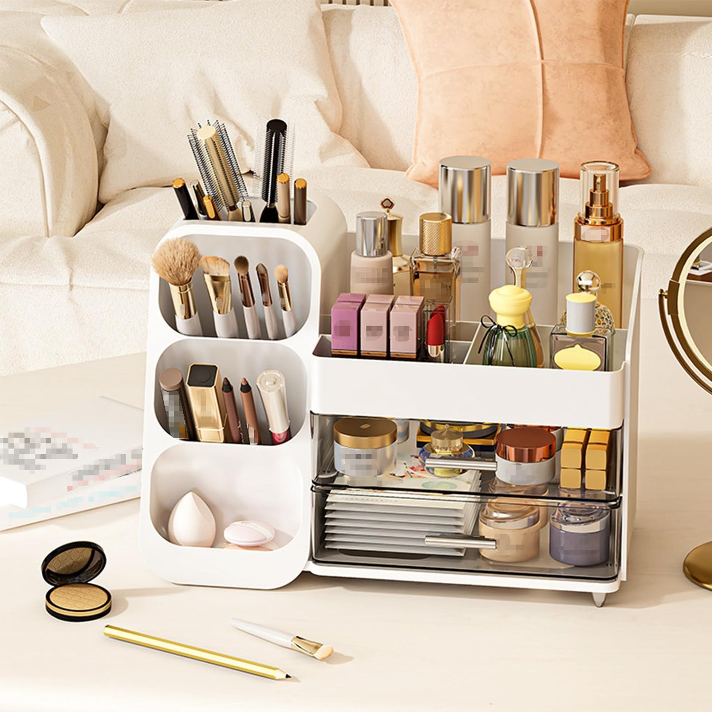 HEVOY Makeup Organizer with Drawer, Skincare Products Perfume Desk Storage Box, Beauty Holder Rack for Lipstick Brush Eyeliner, Cosmetic Display Case for Dresser Countertop & Bathroom Vanity (Pink)