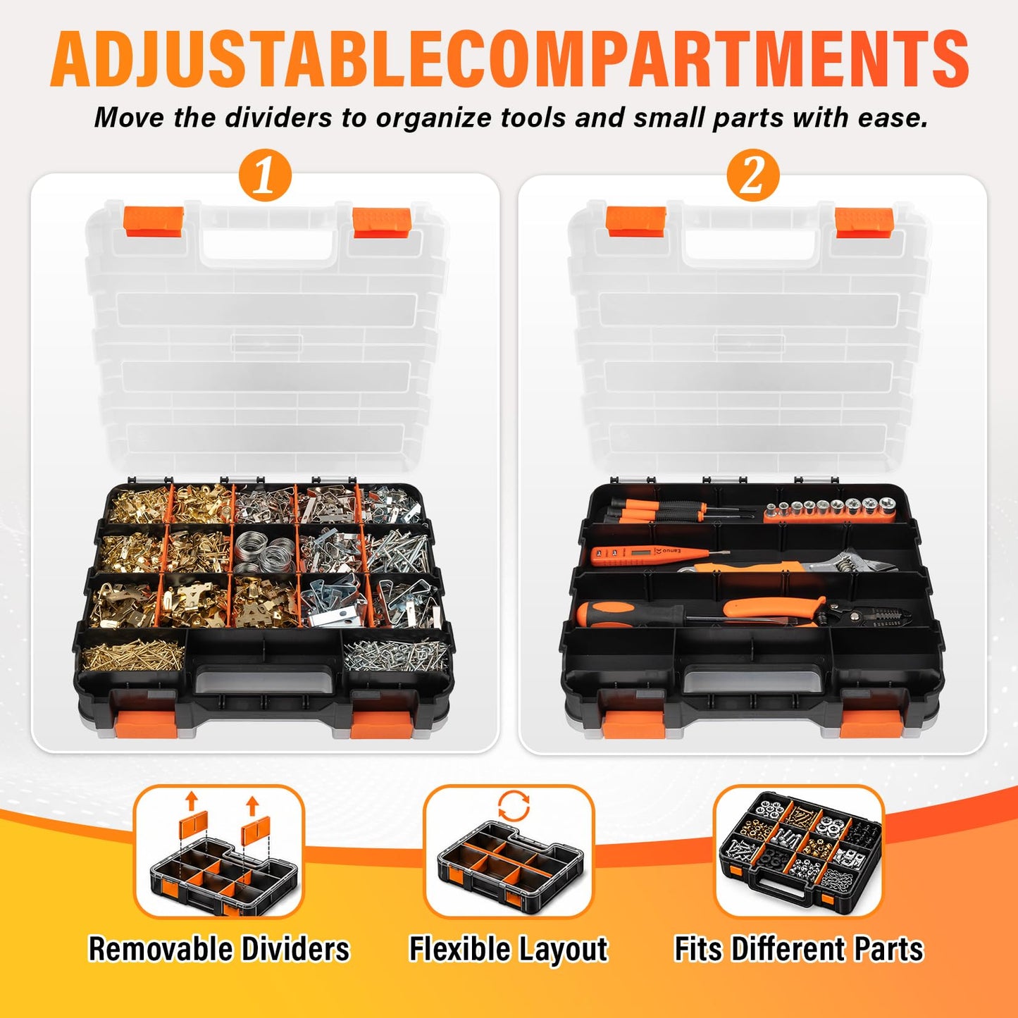DIYSELF Screw Organizer, Double-Sided 34-Compartment Small Parts Organizer, Hardware Organizers with Adjustable Space, Clear-Lid Compartment Storage Box for Hardware, Crafts, Beads, Nuts and Bolts