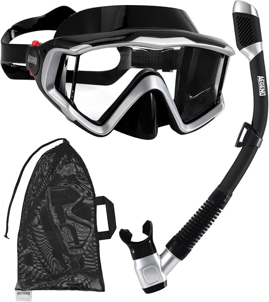 Aegend Snorkeling Gear for Adults Youth Kids, Dry Snorkel Set Panoramic View Enhanced Anti-Leak and Anti-Fog Technology, Adjustable Strap for Snorkeling Scuba Diving Swimming with Mesh Bag