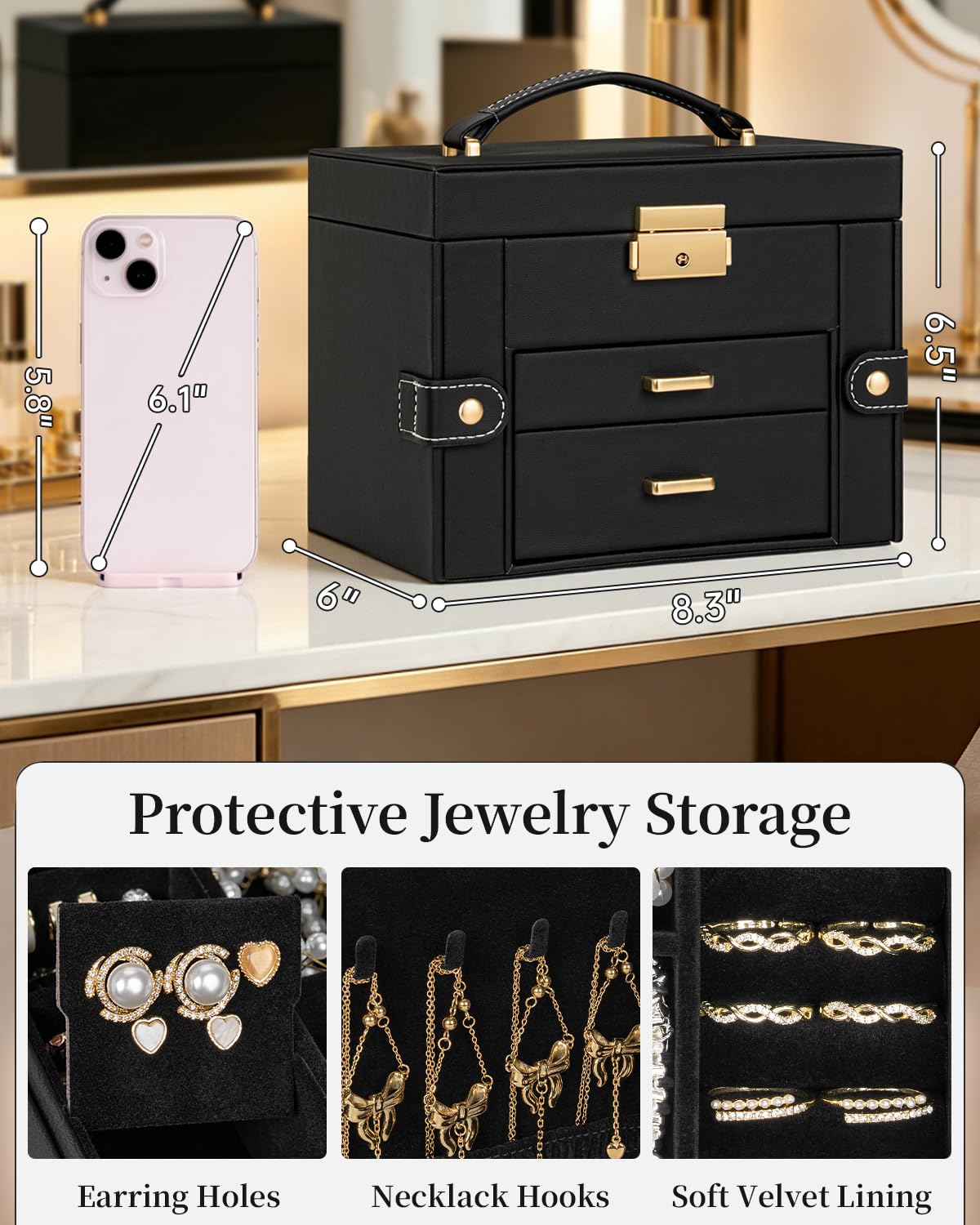 TORIBIO Jewelry Box for Women, Leather Jewelry Organizer with Mirror & Lock, 3-Tier Jewelry Storage Organizer with 2 Drawers for Girls/Women/Mothers, Necklace Earring Bracelets Holder Organizer