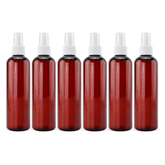 Cornucopia Brands 8oz Amber Brown Plastic Spray Bottles with White Fine Mist Atomizers (Pack of 6) Brown Plastic Spritzer Bottles