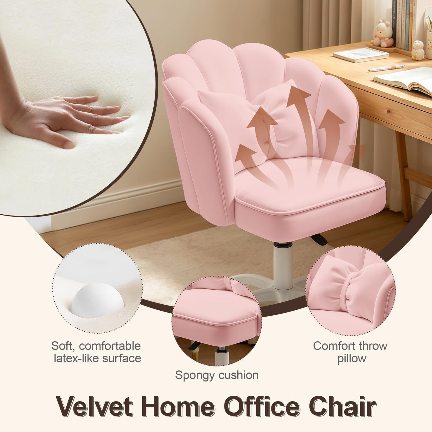 XUEGW Petal Desk Chair with Bow Cushion Velvet Vanity Chair with Wheels, Upholstered Home Office Chair for Girls Women, Mid-Back Swivel Computer Task Chairs for Living Room Bedroom