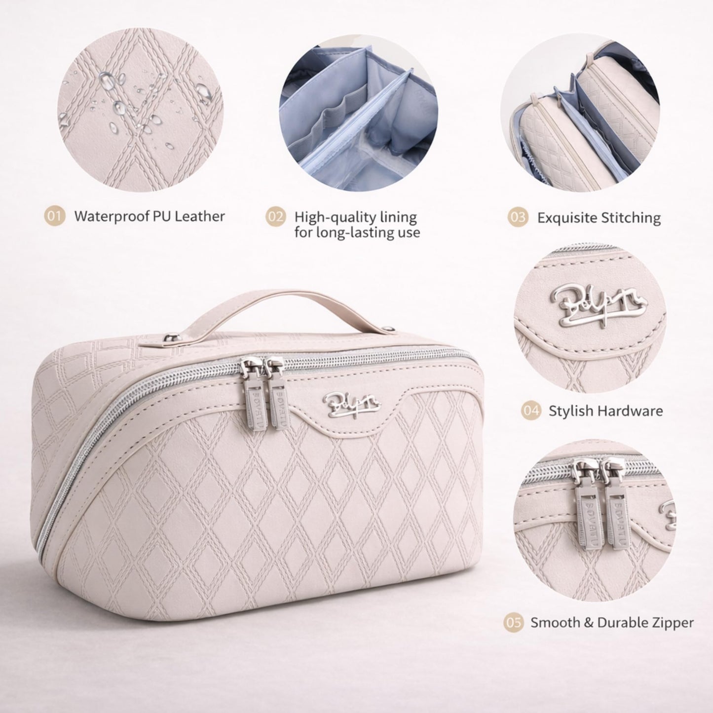 BOYATU Travel Makeup Bag for Women: Large Capacity 3-Piece Quilted Cosmetic & Toiletry Organizer - 2 Detachable Pouches Expand Storage by 50%, Open Flat for Easy Packing, Waterproof PU Leather(Beige)