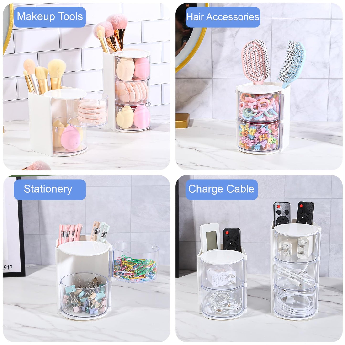 DASITON 2-Layer Makeup Brush Holder with Hair Accessories Organizer, Rotatable Desktop Organizer Case for Hair Clip, Makeup Sponge, Jewelry and Hair Accessories, Hair Brush Holder for Vanity (White)