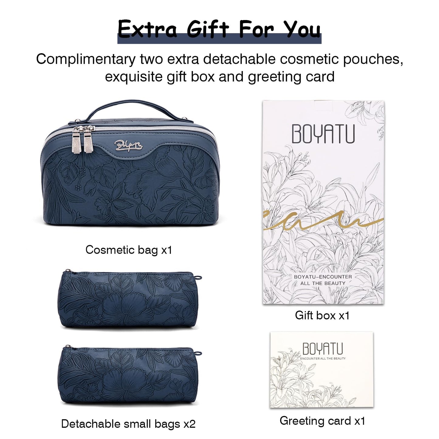 BOYATU Travel Makeup Bags Cosmetic Organizer Bag: 3-Set Large Capacity Make up Bag - PU Leather Toiletry Bags for Women - Wide Open Portable Pouch with Divider & Handle (02-Dark Blue)