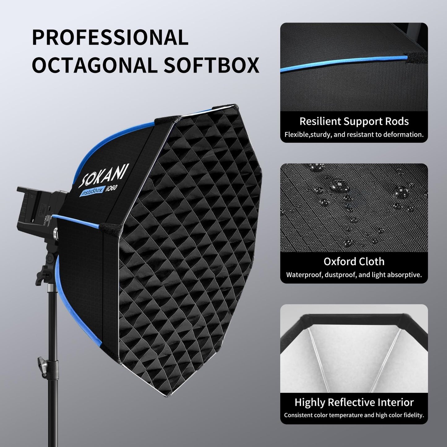 Sokani 23.6"/60cm Octagonal Softbox, Bowens Mount with Honeycomb Grid