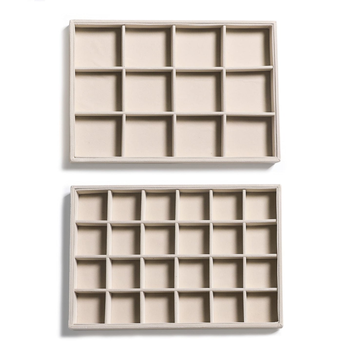 Frebeauty Stackable Velvet Jewelry Organizer Trays for Drawers Inserts Jewelry Storage Tray Display Case, Stud Earrings Bracelets Necklace Rings Accessories Trays for Women Girls(Set of 2 Beige)