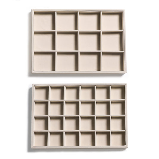 Frebeauty Stackable Velvet Jewelry Organizer Trays for Drawers Inserts Jewelry Storage Tray Display Case, Stud Earrings Bracelets Necklace Rings Accessories Trays for Women Girls(Set of 2 Beige)