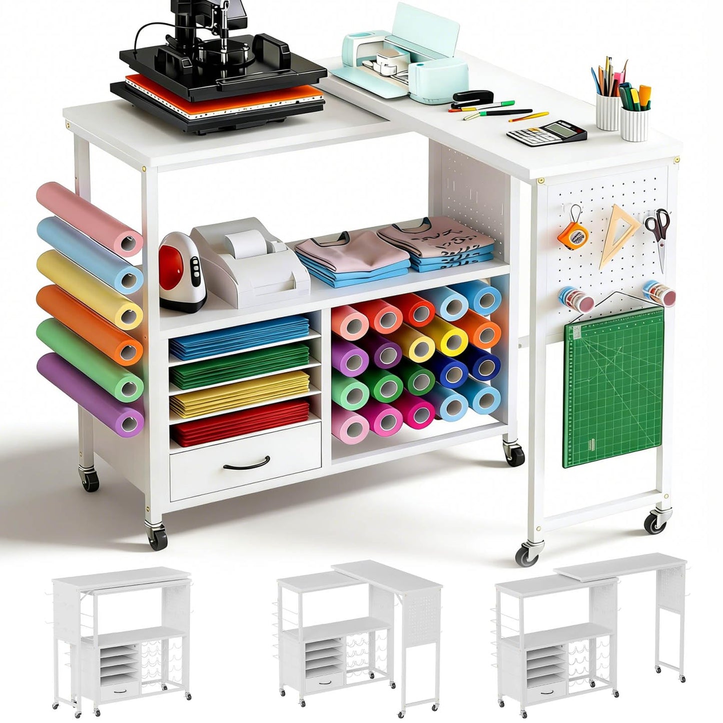 MASHELLY 360 Rotating Craft Cart with 26 Vinyl Rolls Storage & Side Pegboards | Mobile Rolling Workstation for Heat Press, Compatible with Cricut Machines | Locking Brakes for Craft Room Home Office
