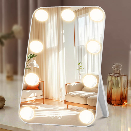 Desktop Vanity Mirror with Lights, Hollywood Makeup Mirror with 9 LED Bulbs, 3 Color Dimming Lights, Large 13.4*9.25inch Rechargeable Tabletop Cosmetic Mirror for Women/Men Dressing Room & Bedroom